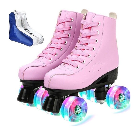 Women's Roller Skates PU Leather High Women's 10 / Men's 8.5 Pink W/flash wheel - Picture 1 of 10